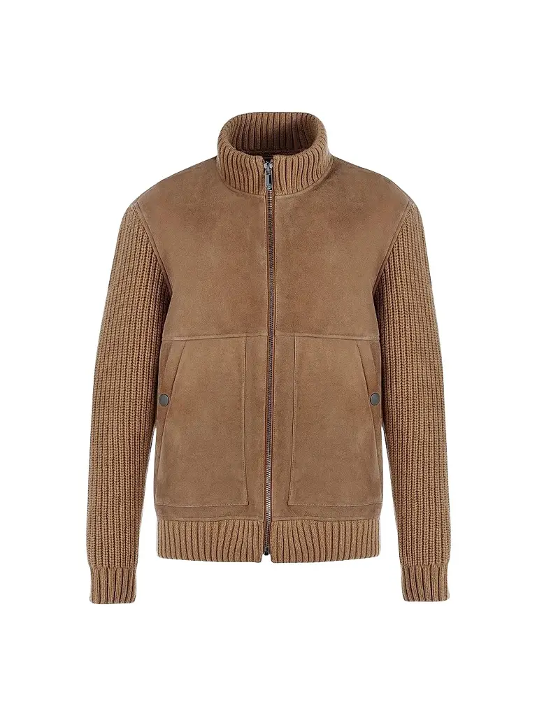 Gorski Men's Merino Shearling Lamb Jacket with Knit Sleeves and Hem