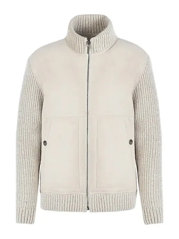 Men's Merino Shearling Lamb Jacket with Knit Sleeves and Hem - Cream Men's Merino Shearling Lamb Jacket with Knit Sleeves and Hem - Cream