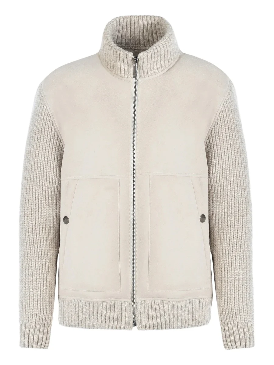 Gorski Men's Merino Shearling Lamb Jacket with Knit Sleeves and Hem - Cream