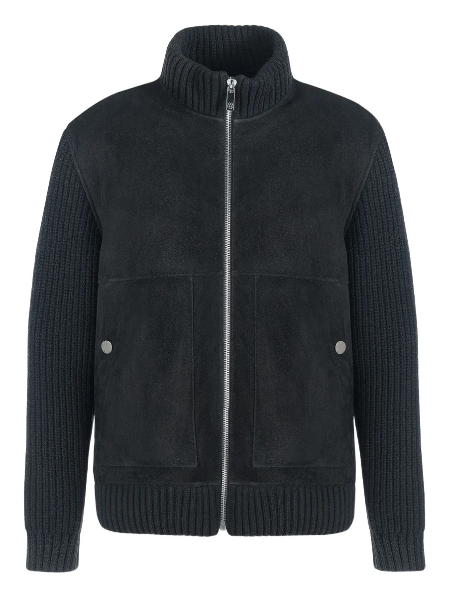 Gorski Men's Merino Shearling Lamb Jacket with Knit Sleeves and Hem - Black