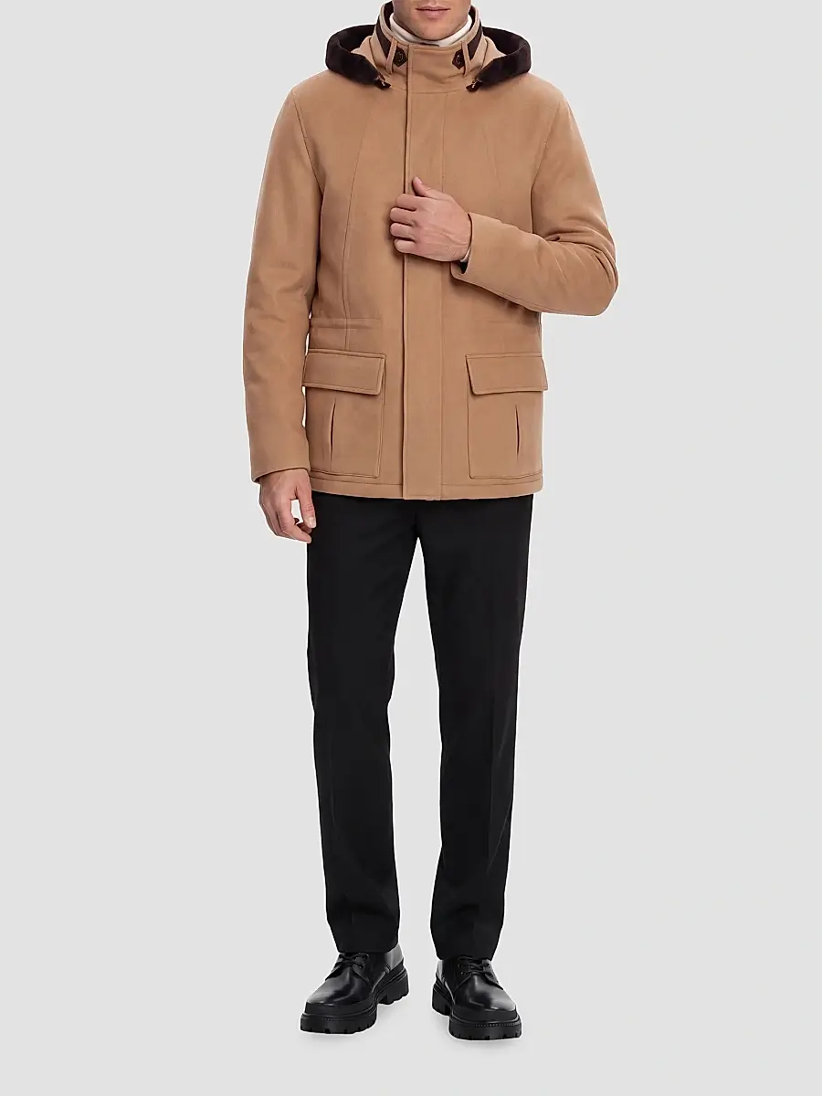 Gorski Men's Zip Parka Jacket with Shearling Lamb Hood Trim | Thumbnail 2 Gorski Men's Zip Parka Jacket with Shearling Lamb Hood Trim | Thumbnail 2