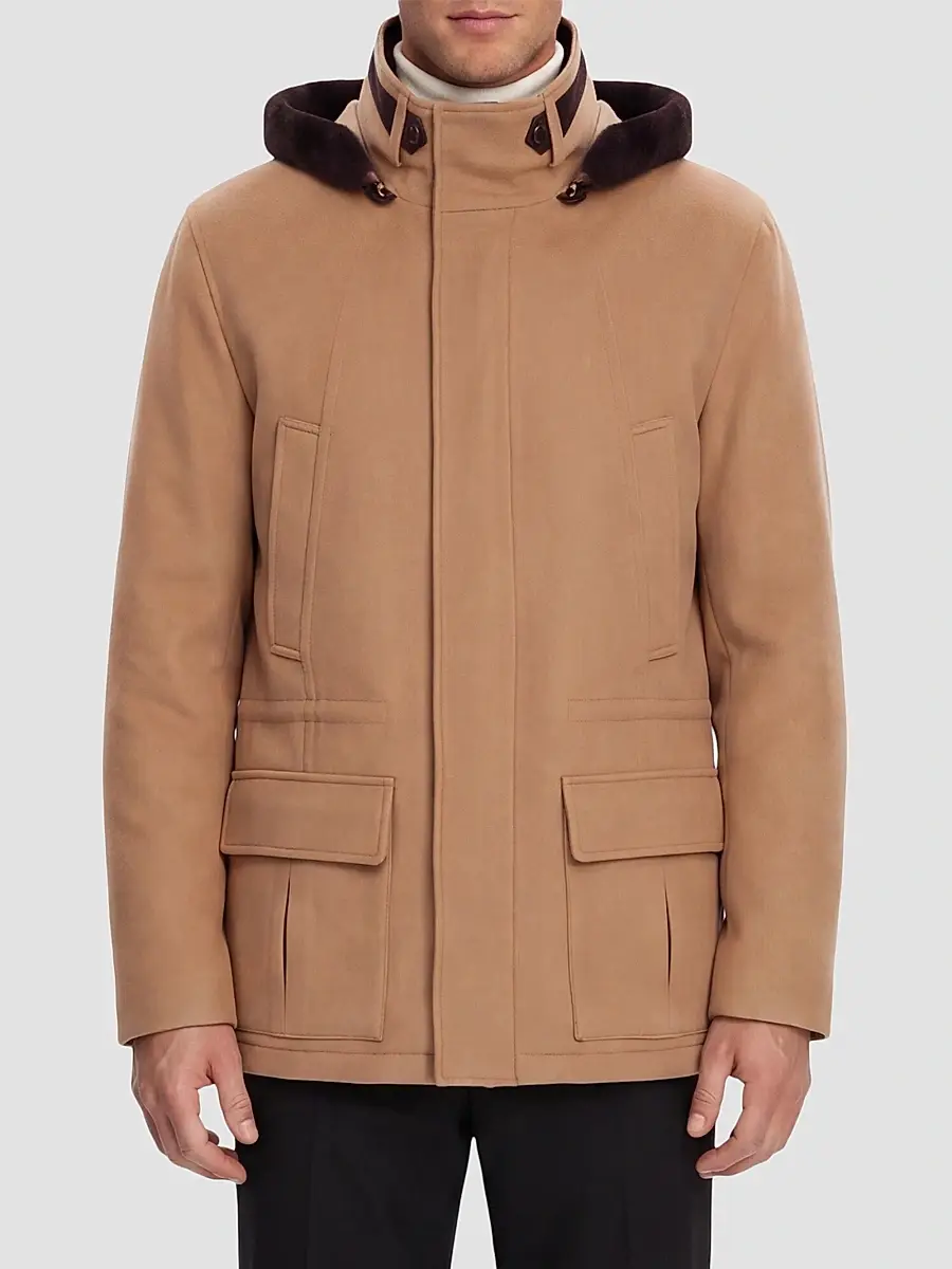 Gorski Men's Zip Parka Jacket with Shearling Lamb Hood Trim | Thumbnail 3 Gorski Men's Zip Parka Jacket with Shearling Lamb Hood Trim | Thumbnail 3