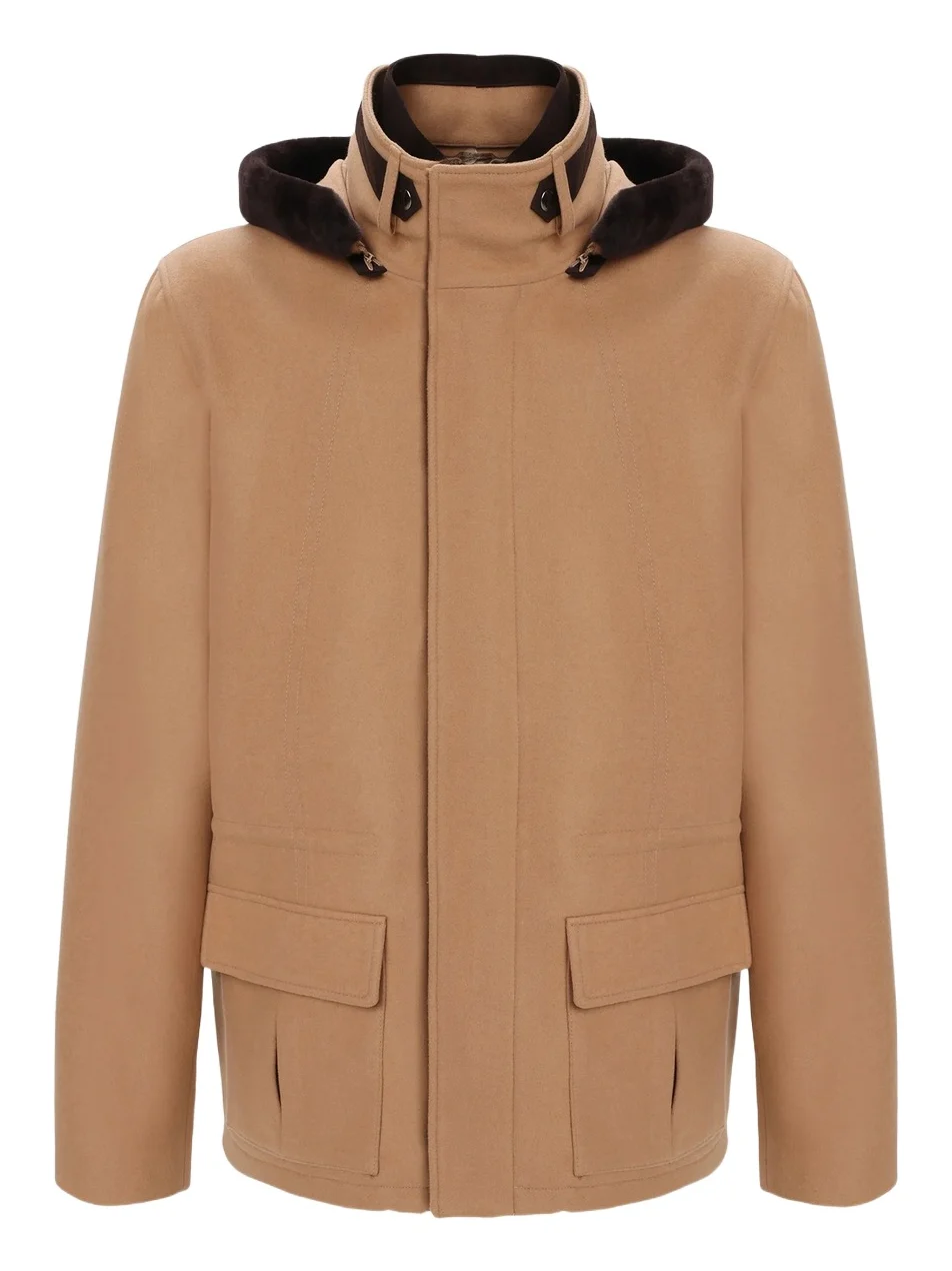 Men's Zip Parka Jacket with Shearling Lamb Hood Trim Men's Zip Parka Jacket with Shearling Lamb Hood Trim