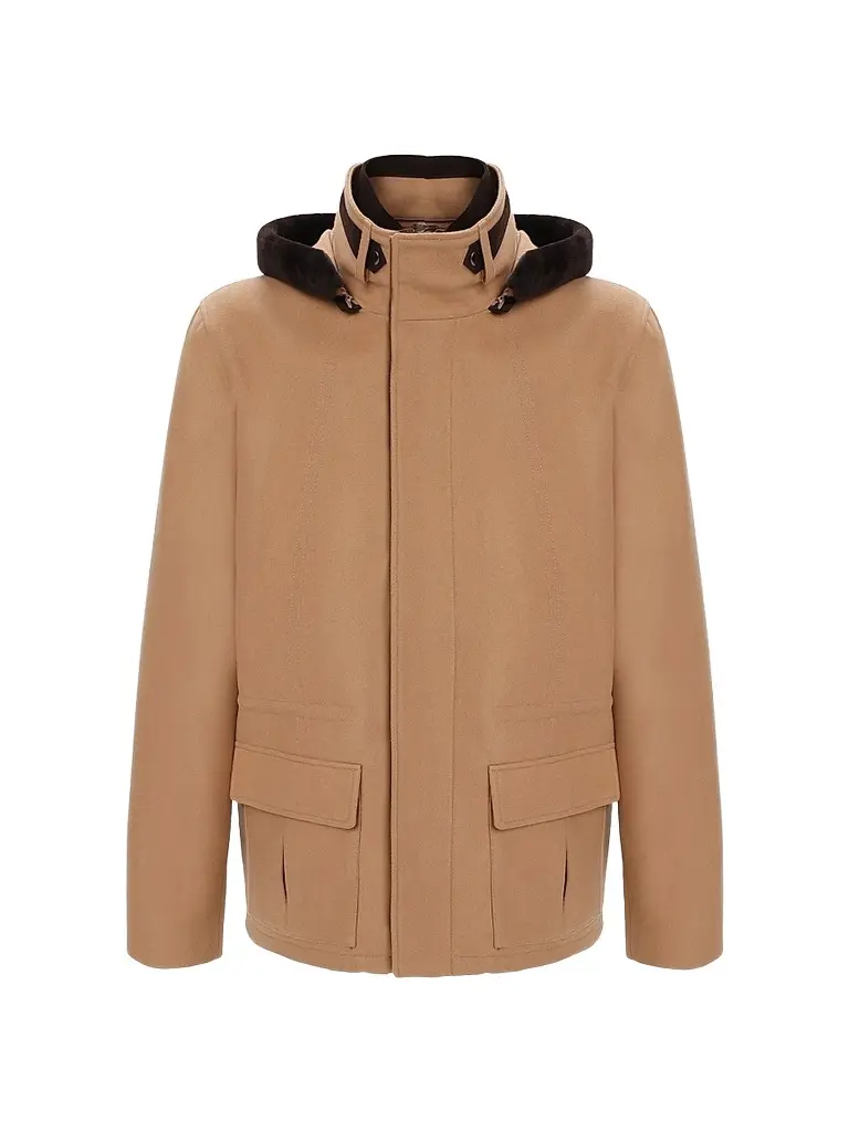 Gorski Men's Zip Parka Jacket with Shearling Lamb Hood Trim