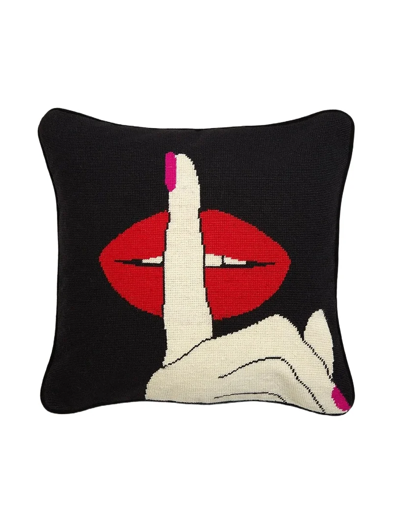 Jonathan Adler Lips Hush Needlepoint Throw Pillow