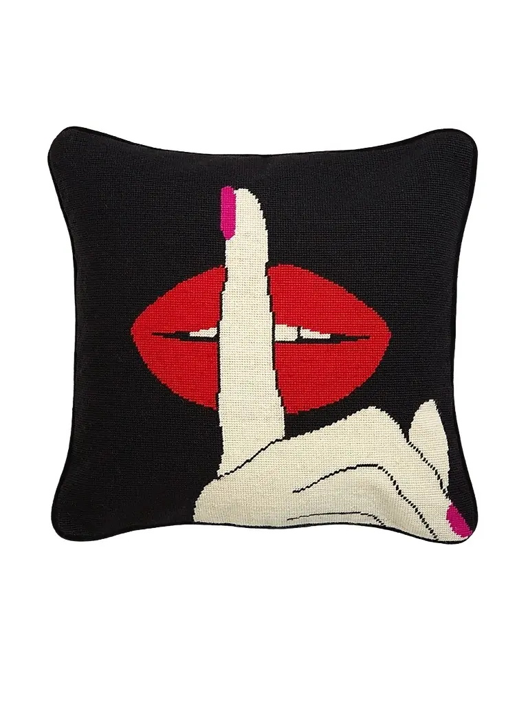 Jonathan Adler Lips Hush Needlepoint Throw Pillow