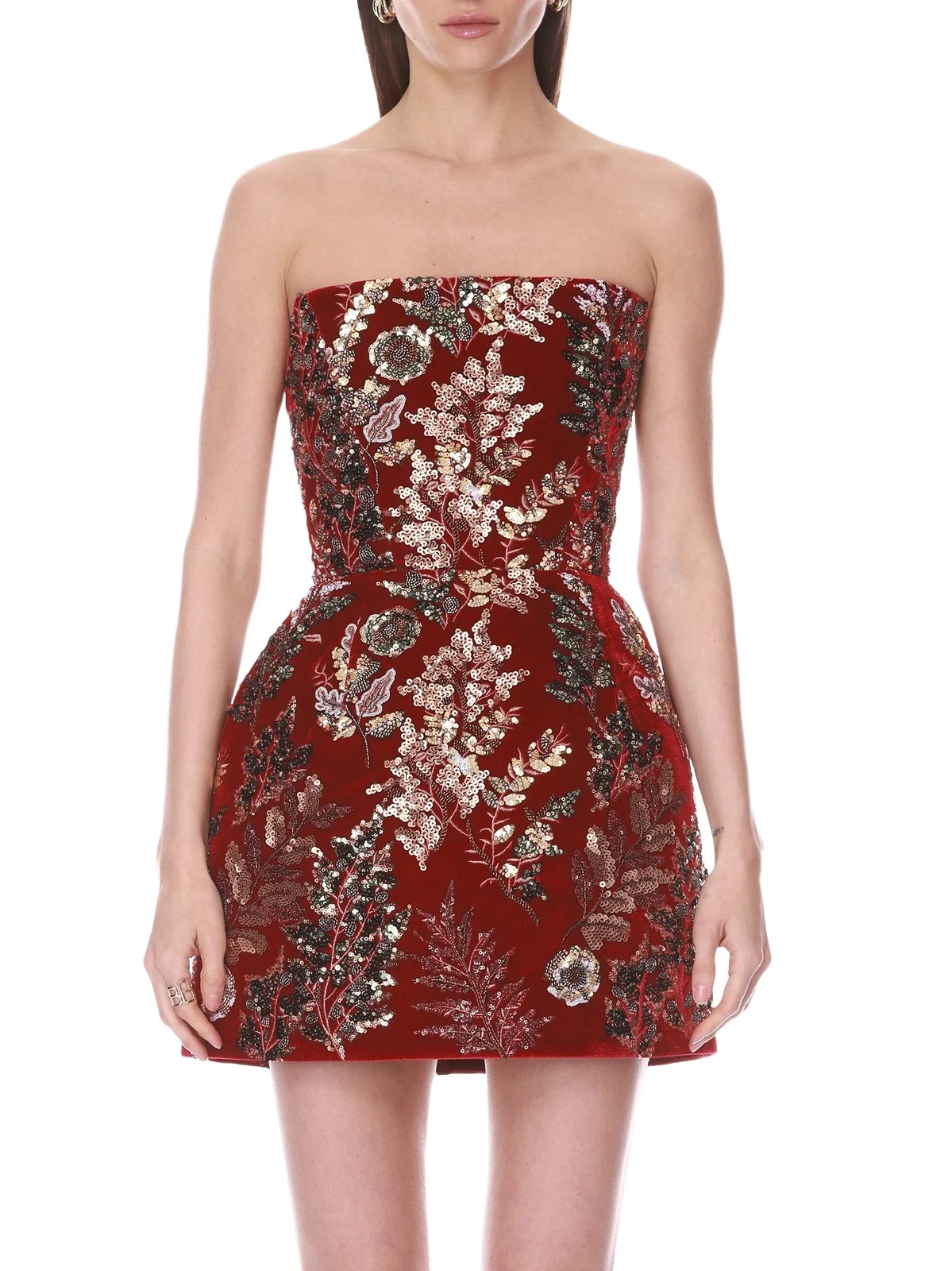 Women's Embellished Velvet Fit & Flare Strapless Mini Dress Women's Embellished Velvet Fit & Flare Strapless Mini Dress