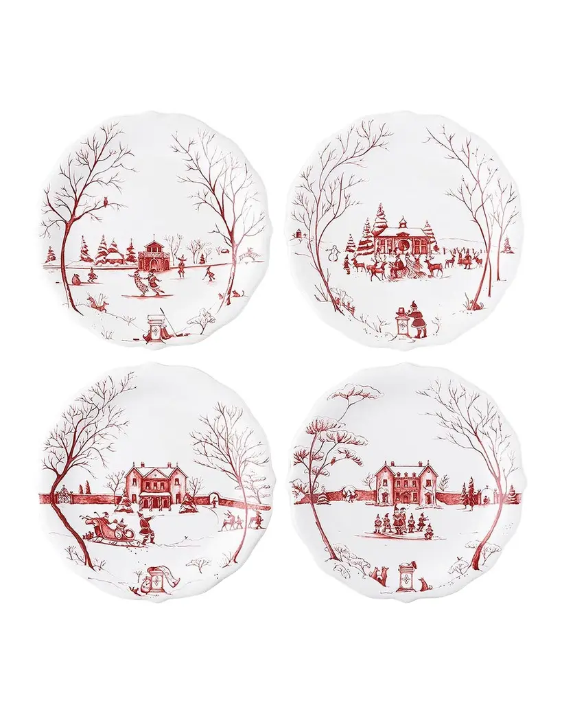 Juliska Country Estate Winter Frolic Mr. & Mrs. Claus Ruby Party Plates, Set of 4