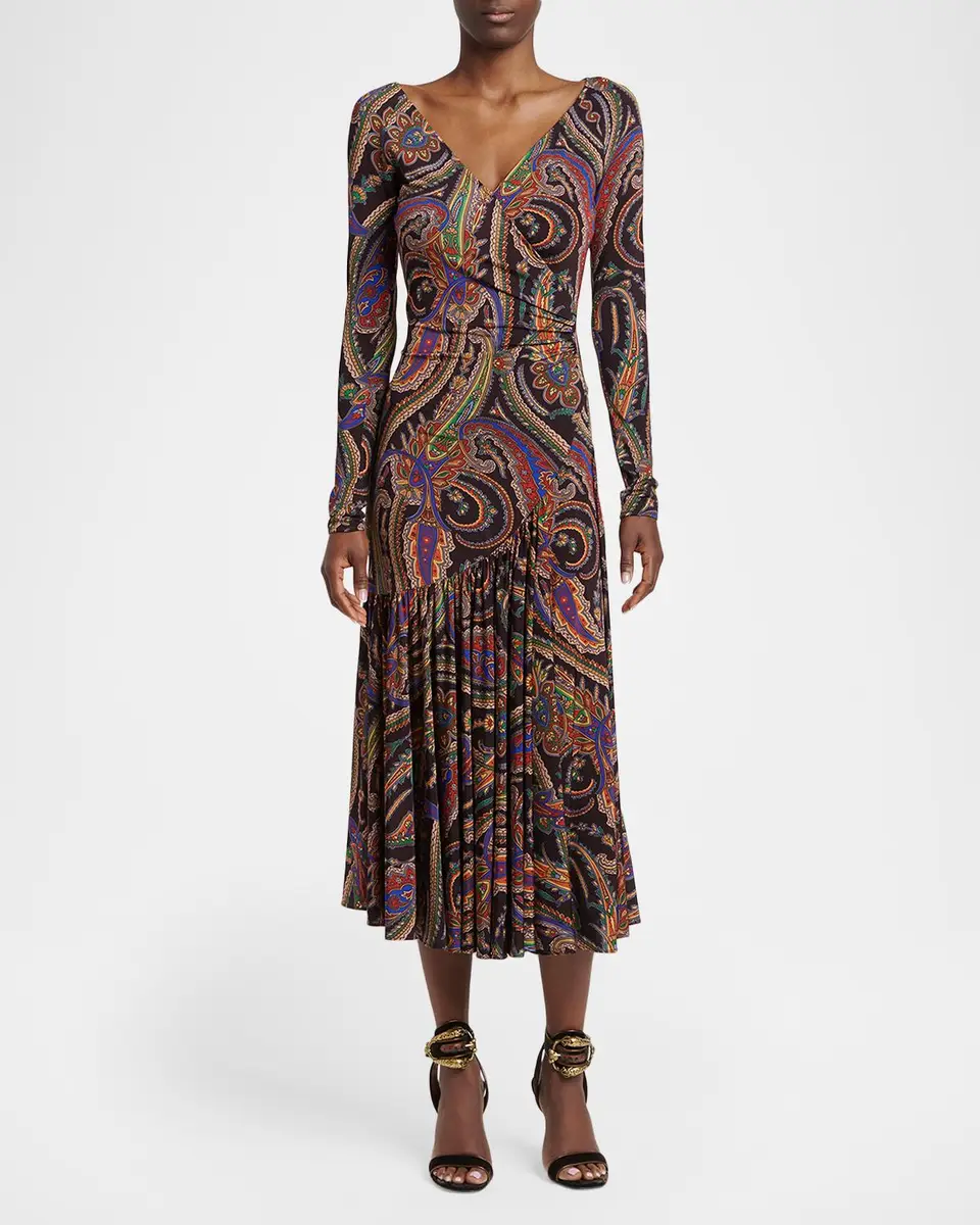 Etro Long-Sleeve Paisley Jersey Ruffle Midi Dress | Thumbnail 2