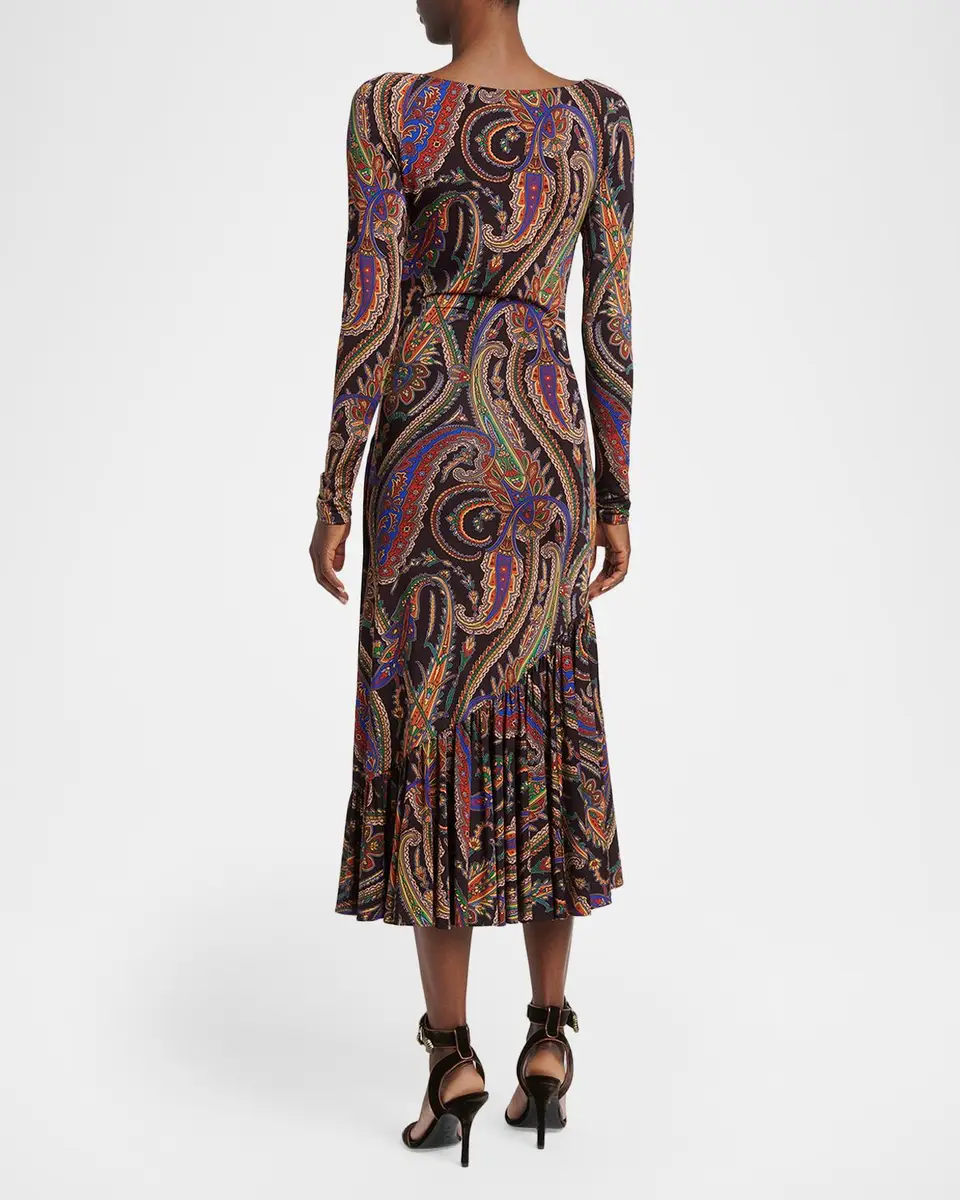 Etro Long-Sleeve Paisley Jersey Ruffle Midi Dress | Thumbnail 3