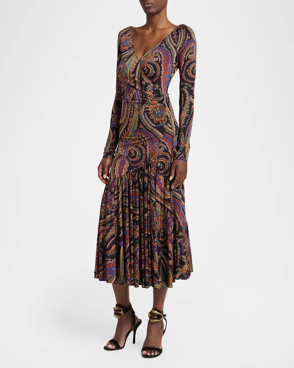 Etro Long-Sleeve Paisley Jersey Ruffle Midi Dress | Thumbnail 4