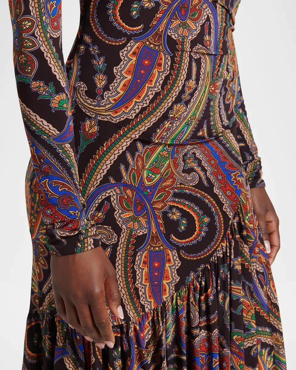 Etro Long-Sleeve Paisley Jersey Ruffle Midi Dress | Thumbnail 5