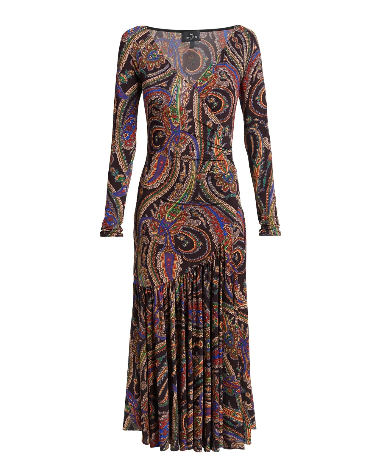Long-Sleeve Paisley Jersey Ruffle Midi Dress