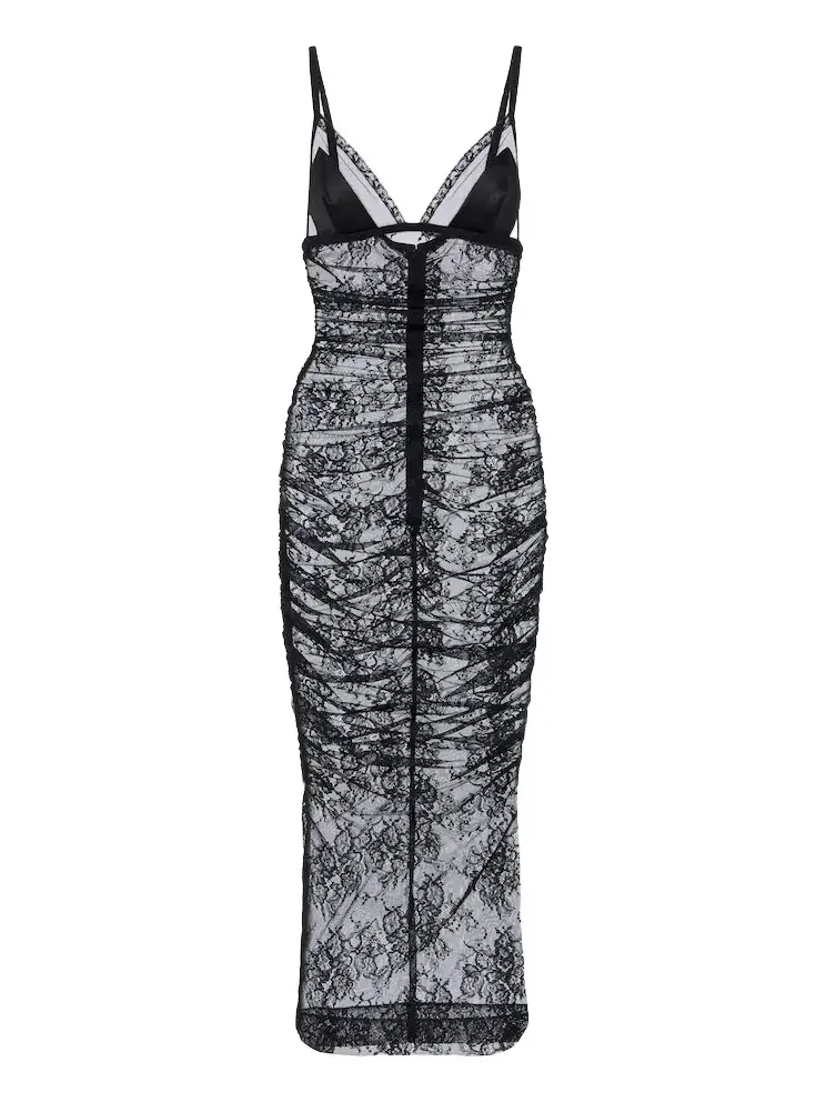 Ruched sheer lace midi dress