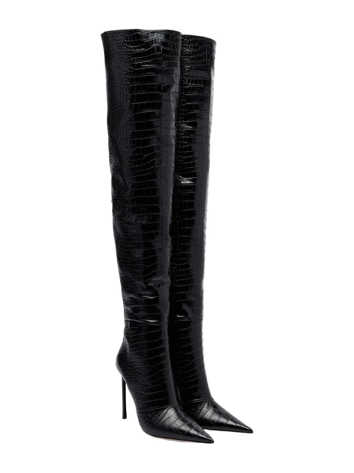 Croc-effect leather over-the-knee boots