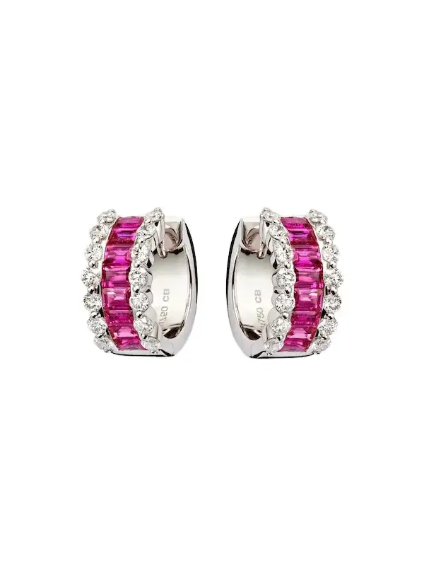 Bucherer Fine Jewellery Baguette Love 18kt white gold hoop earrings with rubies and diamonds