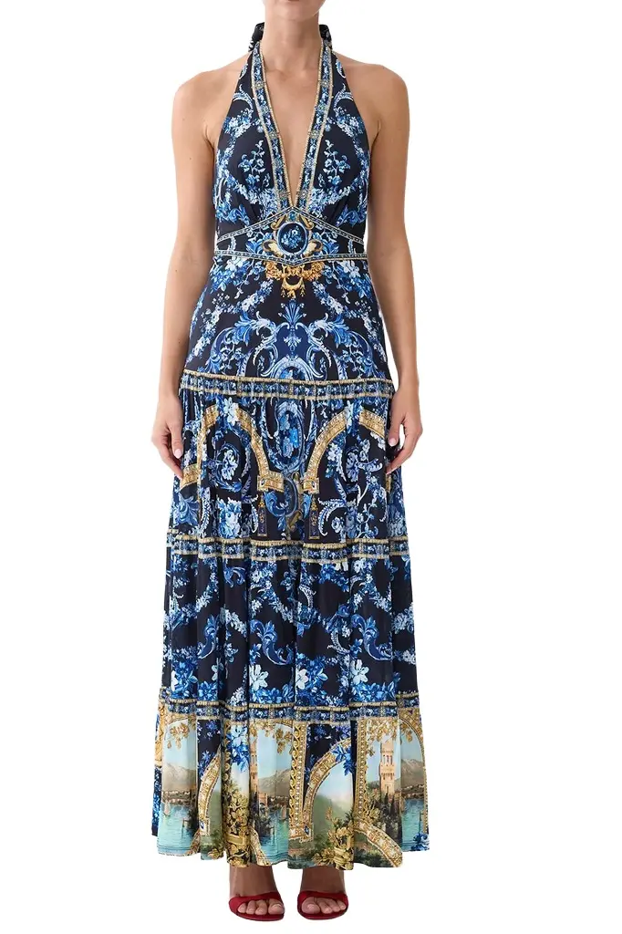 Tiered Halter Neck Jersey Maxi Dress
