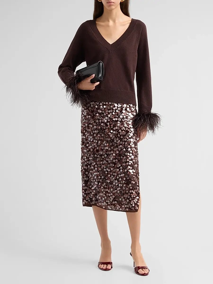 Milly Women's Feather Cuff V-Neck Sweater | Thumbnail 2 Milly Women's Feather Cuff V-Neck Sweater | Thumbnail 2