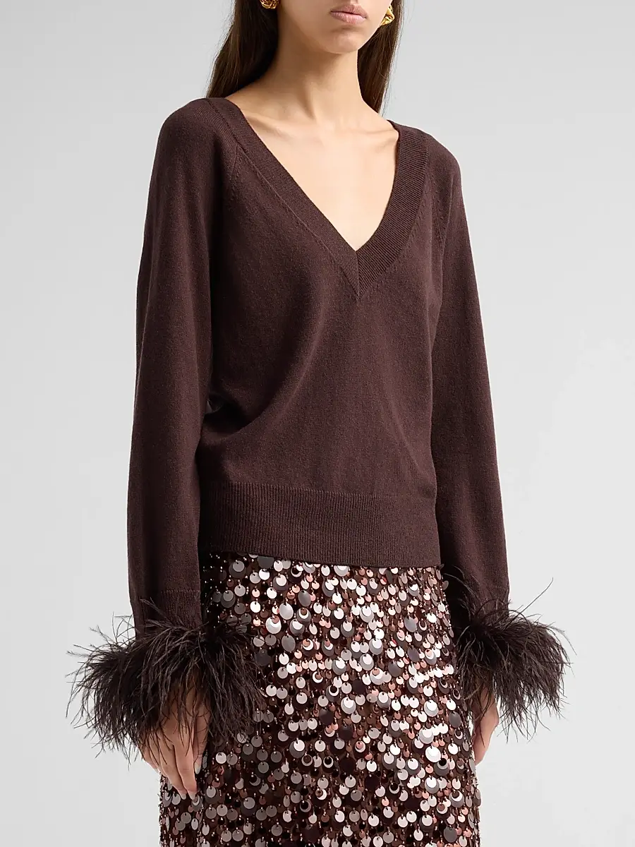 Milly Women's Feather Cuff V-Neck Sweater | Thumbnail 4 Milly Women's Feather Cuff V-Neck Sweater | Thumbnail 4