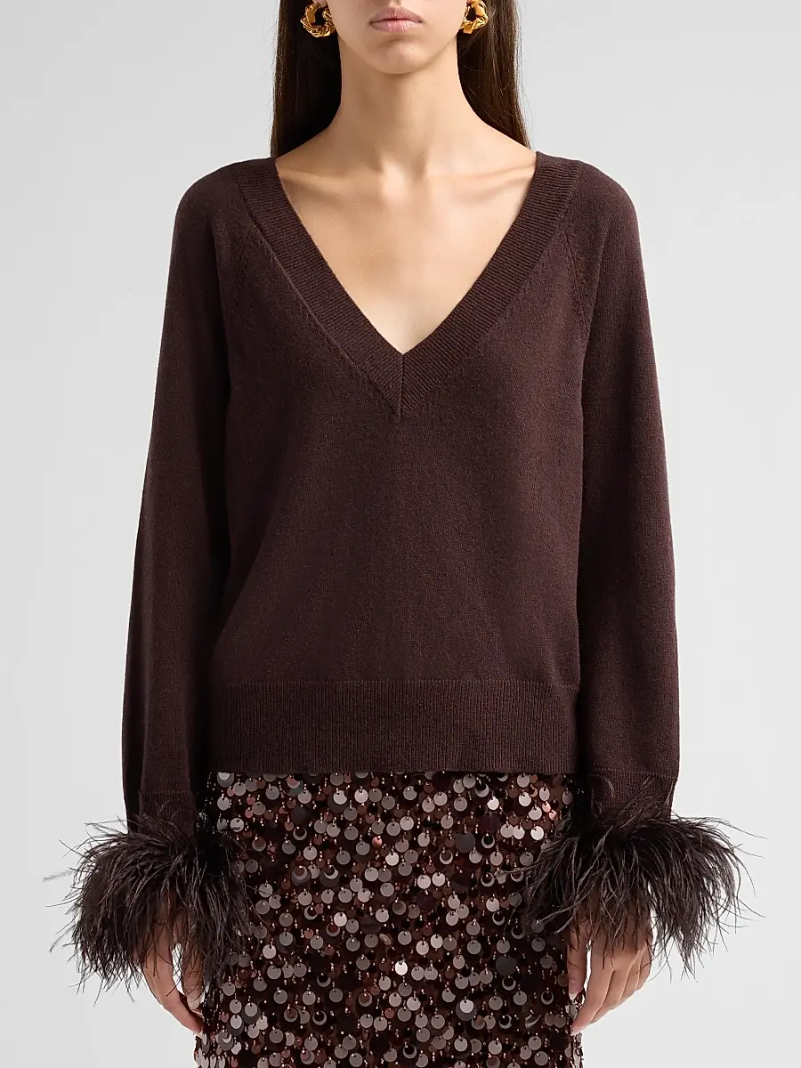 Milly Women's Feather Cuff V-Neck Sweater | Thumbnail 5 Milly Women's Feather Cuff V-Neck Sweater | Thumbnail 5