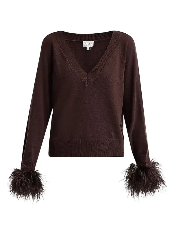 Milly Women's Feather Cuff V-Neck Sweater