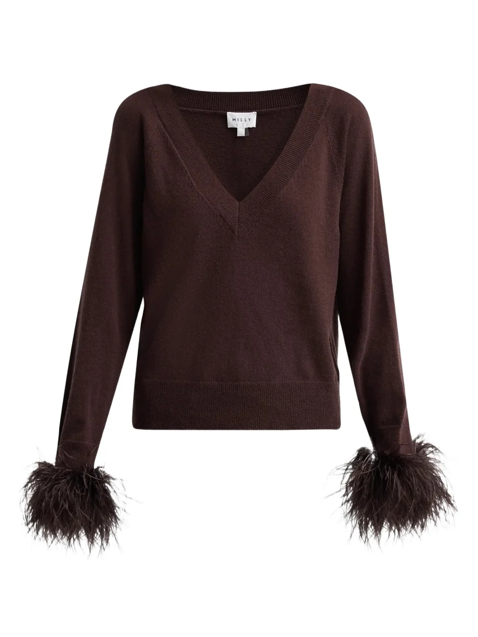 Milly Women's Feather Cuff V-Neck Sweater