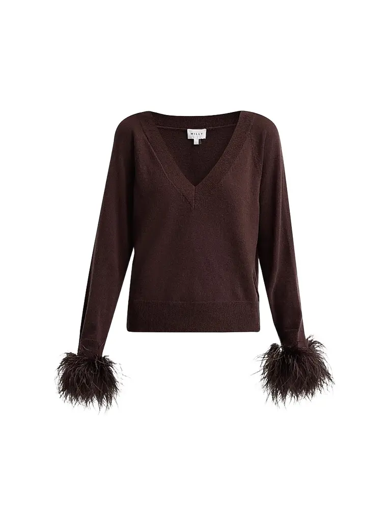 Milly Women's Feather Cuff V-Neck Sweater