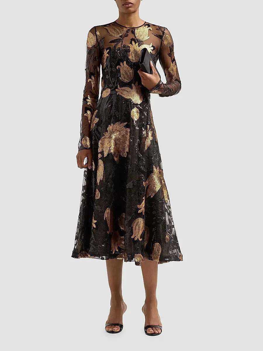 Naeem Khan Women's Sequined Lace Long-Sleeve Illusion Midi Cocktail Dress | Thumbnail 2 Naeem Khan Women's Sequined Lace Long-Sleeve Illusion Midi Cocktail Dress | Thumbnail 2