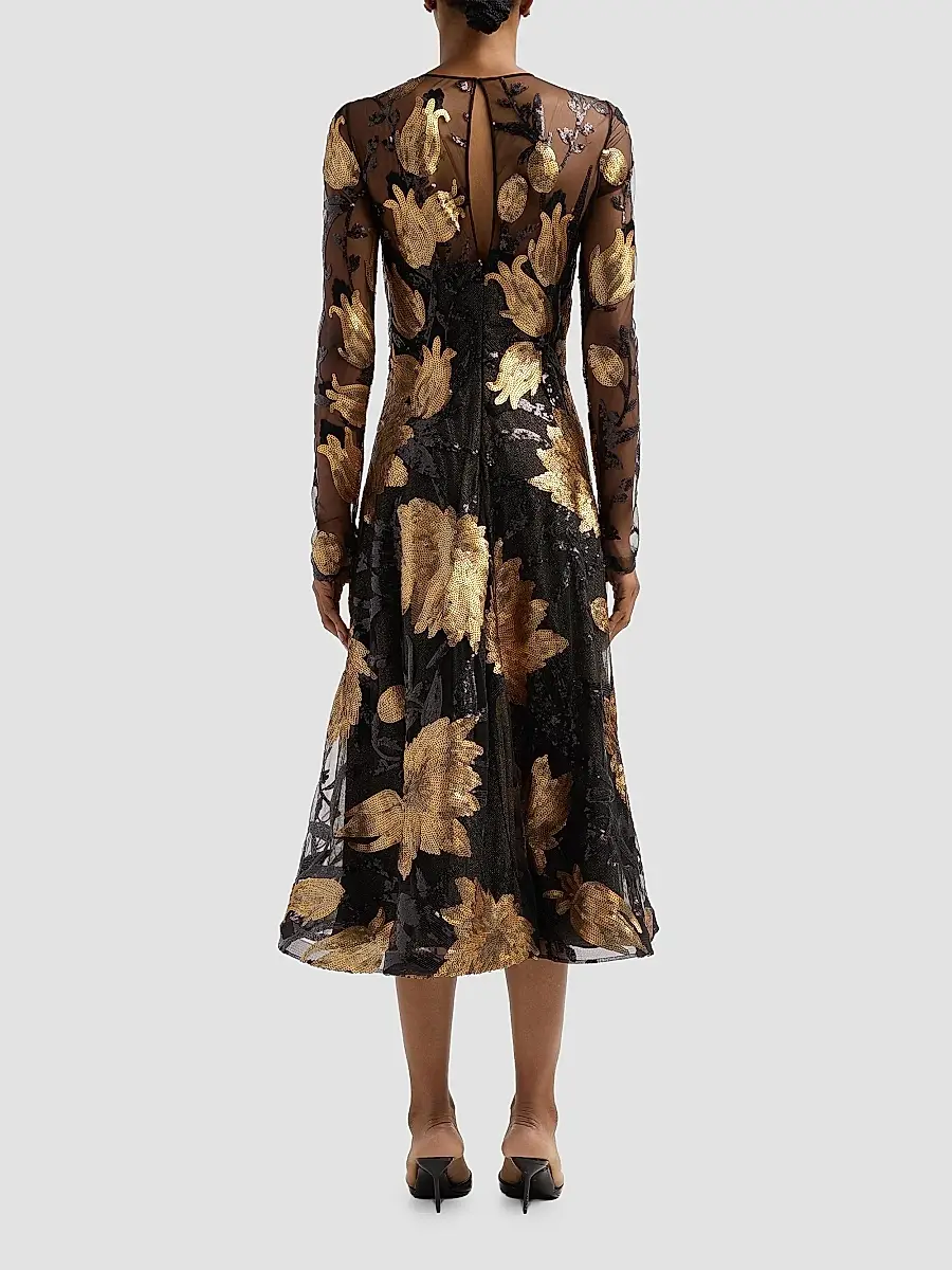 Naeem Khan Women's Sequined Lace Long-Sleeve Illusion Midi Cocktail Dress | Thumbnail 3 Naeem Khan Women's Sequined Lace Long-Sleeve Illusion Midi Cocktail Dress | Thumbnail 3