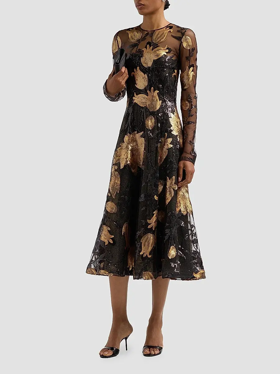 Naeem Khan Women's Sequined Lace Long-Sleeve Illusion Midi Cocktail Dress | Thumbnail 4 Naeem Khan Women's Sequined Lace Long-Sleeve Illusion Midi Cocktail Dress | Thumbnail 4