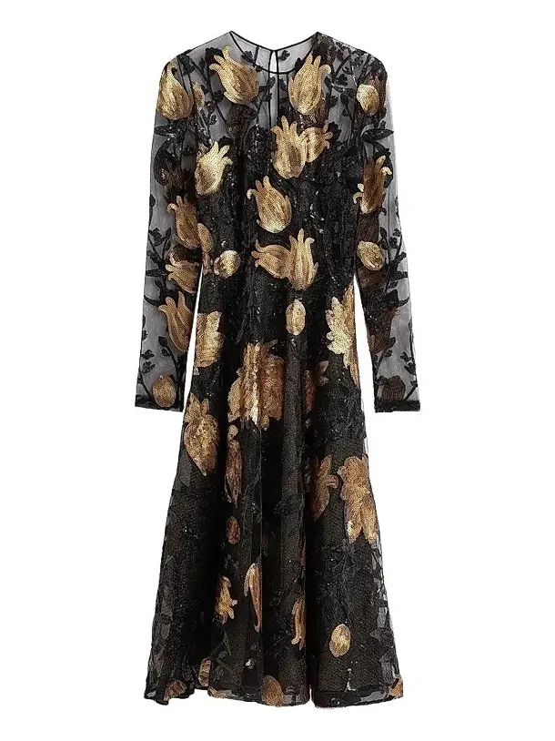 Women's Sequined Lace Long-Sleeve Illusion Midi Cocktail Dress