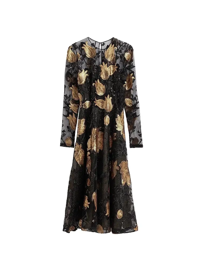 Naeem Khan Women's Sequined Lace Long-Sleeve Illusion Midi Cocktail Dress