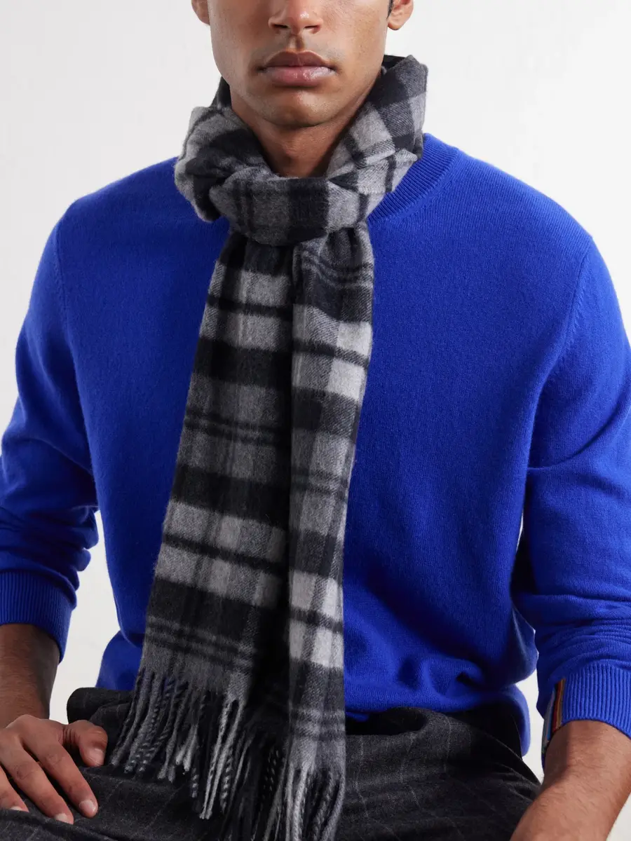 Johnstons of Elgin Fringed Checked Cashmere Scarf - Men | Thumbnail 3