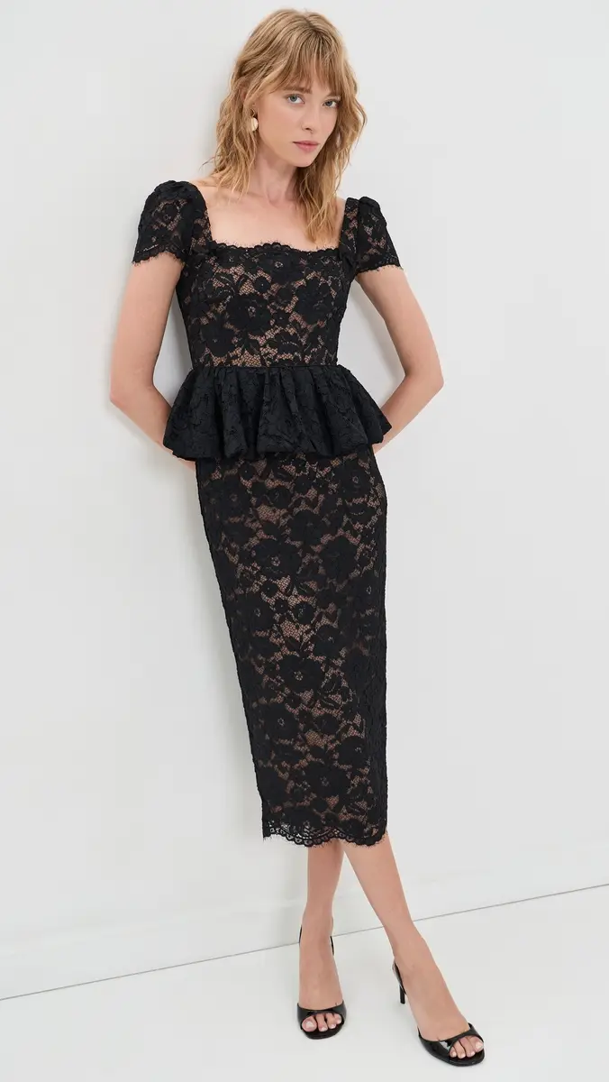 Self-Portrait Black Fine Lace Peplum Midi Dress | Thumbnail 2 Self-Portrait Black Fine Lace Peplum Midi Dress | Thumbnail 2