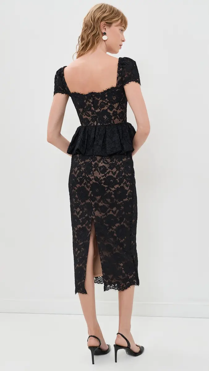 Self-Portrait Black Fine Lace Peplum Midi Dress | Thumbnail 3 Self-Portrait Black Fine Lace Peplum Midi Dress | Thumbnail 3