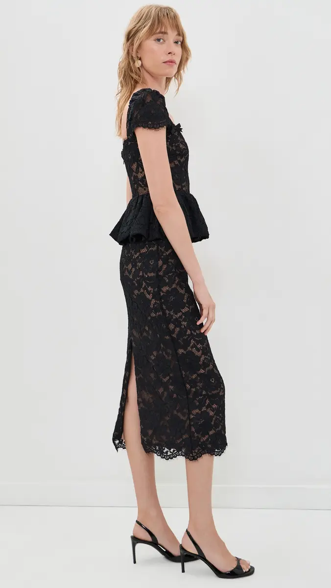 Self-Portrait Black Fine Lace Peplum Midi Dress | Thumbnail 4 Self-Portrait Black Fine Lace Peplum Midi Dress | Thumbnail 4