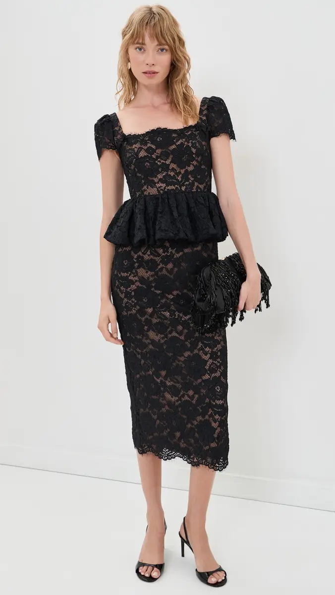 Self-Portrait Black Fine Lace Peplum Midi Dress | Thumbnail 5 Self-Portrait Black Fine Lace Peplum Midi Dress | Thumbnail 5
