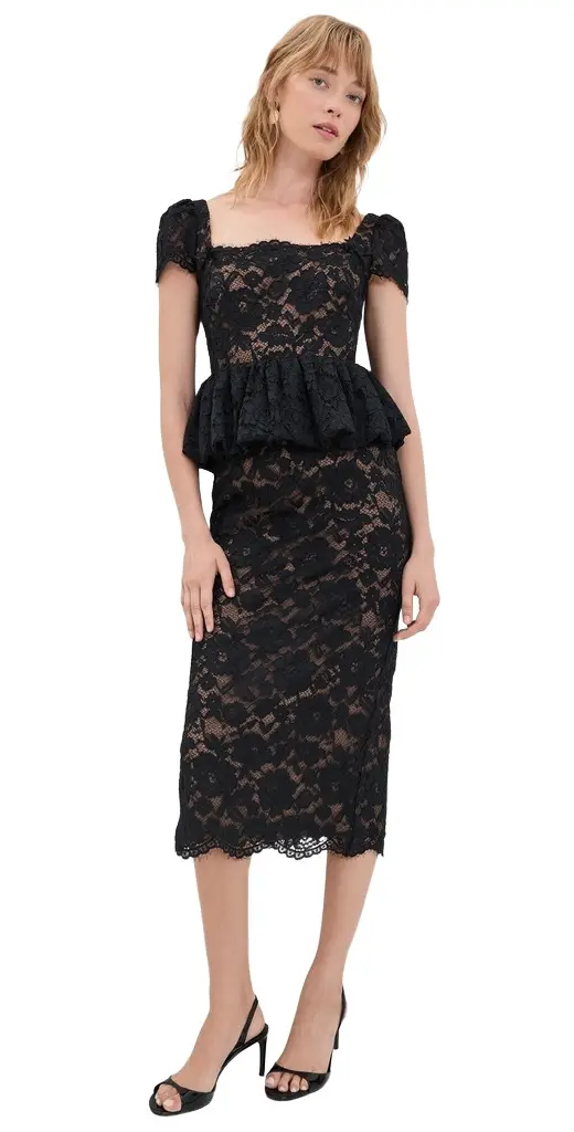 Self-Portrait Black Fine Lace Peplum Midi Dress