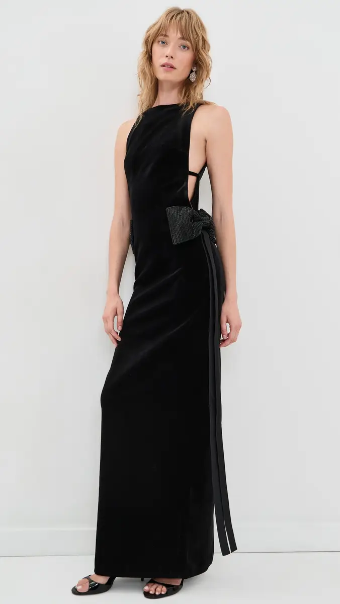 Self-Portrait Black Velvet Bow Sides Maxi Dress | Thumbnail 2 Self-Portrait Black Velvet Bow Sides Maxi Dress | Thumbnail 2