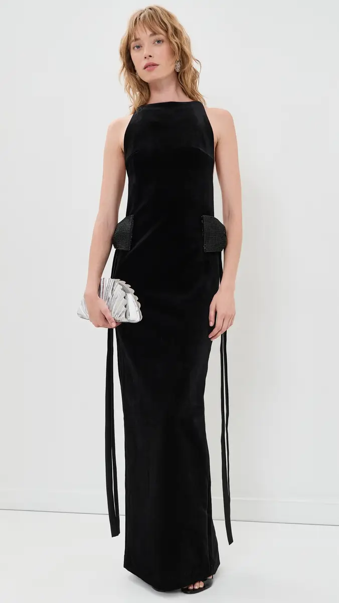 Self-Portrait Black Velvet Bow Sides Maxi Dress | Thumbnail 5 Self-Portrait Black Velvet Bow Sides Maxi Dress | Thumbnail 5