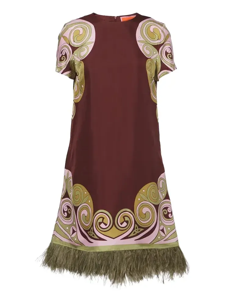 Kells Swirl feather-trimmed silk minidress