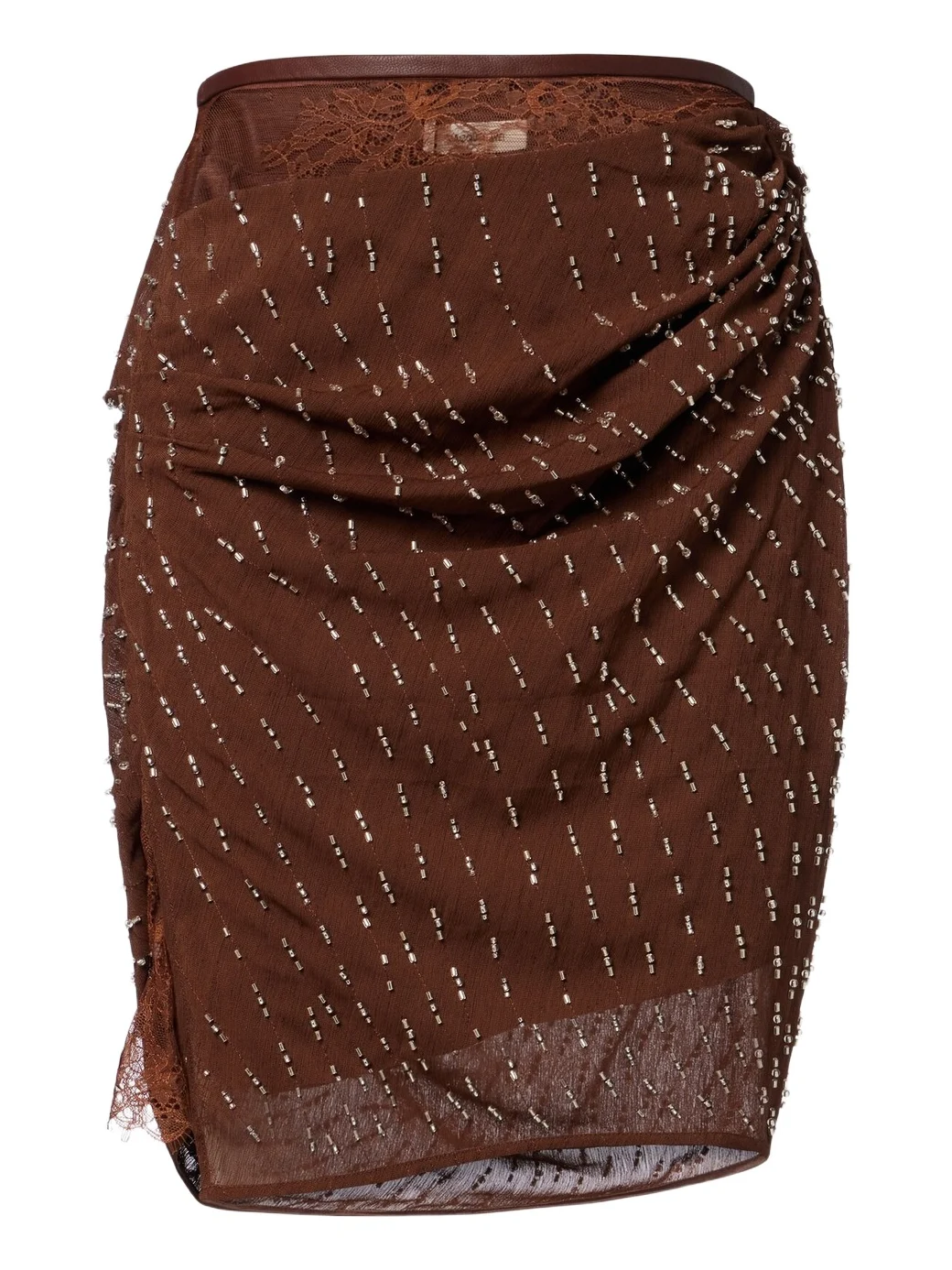 Draped embellished lace-trimmed miniskirt Draped embellished lace-trimmed miniskirt