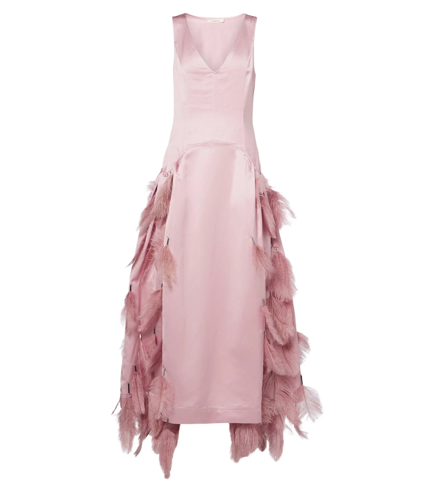 Feather-trimmed satin gown