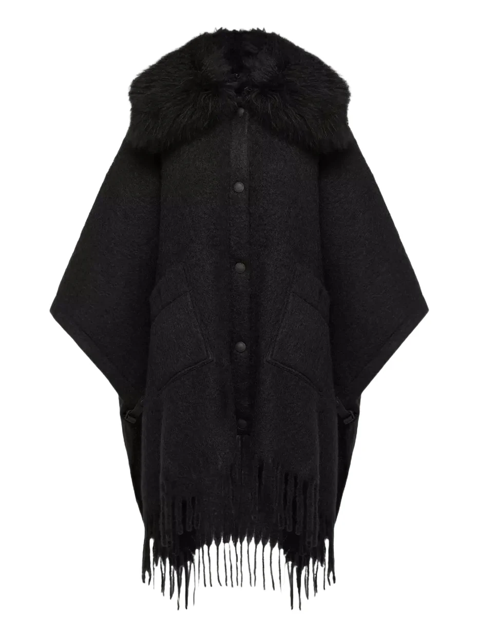 Moncler Grenoble Shearling Collar Mohair, Alpaca & Wool Blend Cape