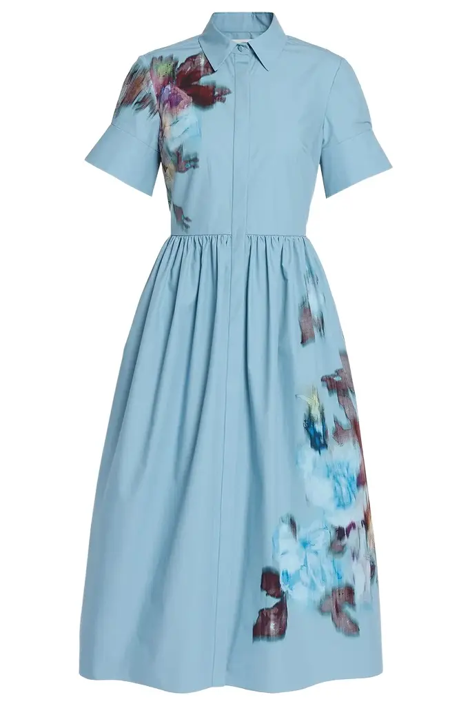 Erdem Floral Poplin Short Sleeve Midi Shirt Dress