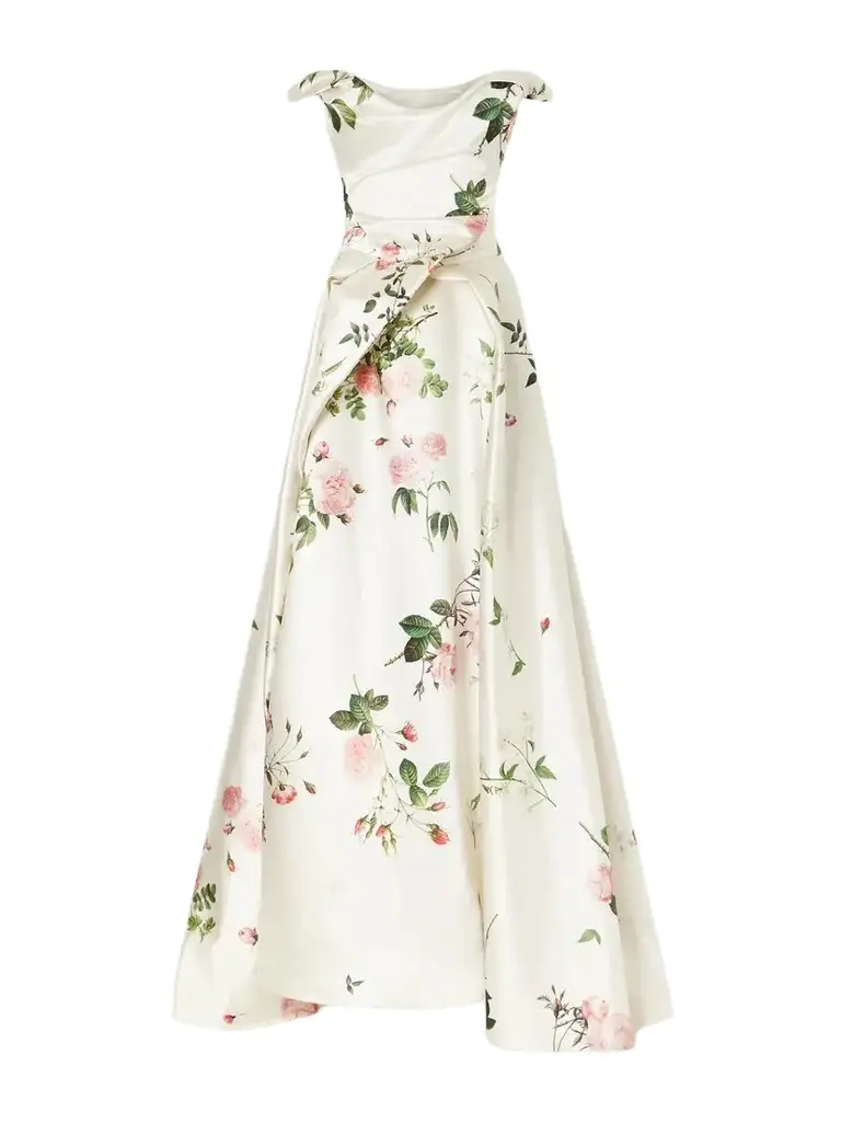 Tabitha Bustier Draped Floral-print Satin Gown