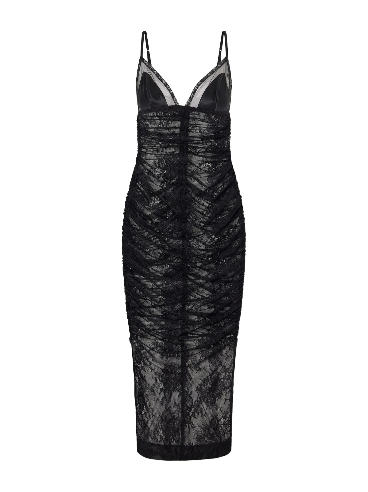Gathered Satin-trimmed Chantilly Lace Midi Dress