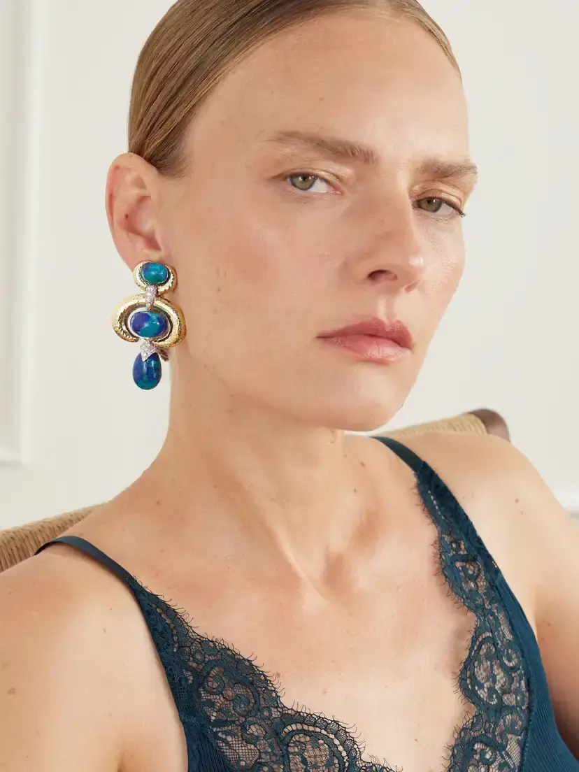 DAVID WEBB Double Crescent 18-karat Gold And Platinum, Diamond And Azurmalachite Earrings | Thumbnail 2 DAVID WEBB Double Crescent 18-karat Gold And Platinum, Diamond And Azurmalachite Earrings | Thumbnail 2