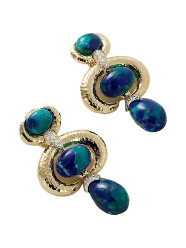 Double Crescent 18-karat Gold And Platinum, Diamond And Azurmalachite Earrings - Blue