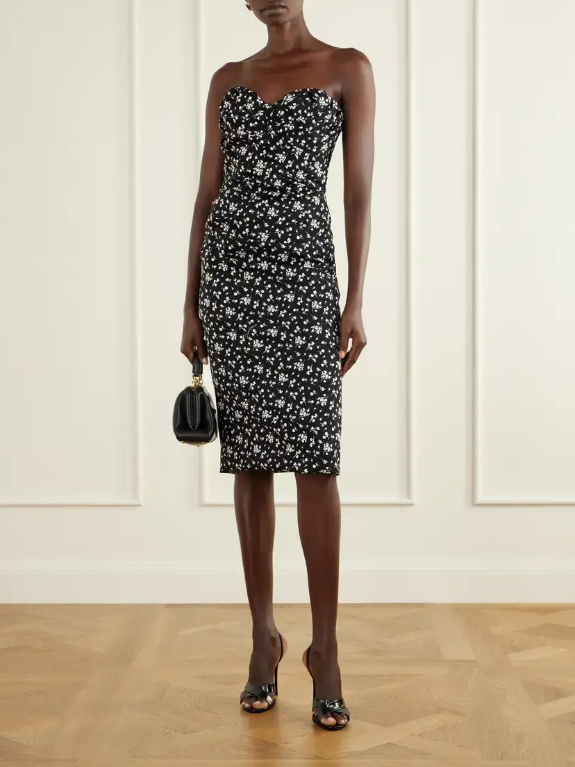 Dolce & Gabbana Strapless Draped Floral-print Silk-blend Charmeuse Midi Dress | Thumbnail 2